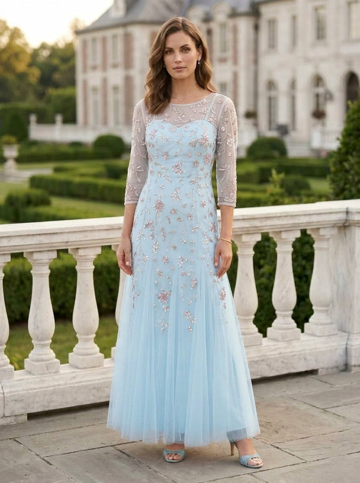Robe Mère de la Mariée, Ligne A/Princesse, Col Rond, 3/4 Manches , Longueur de la Cheville
