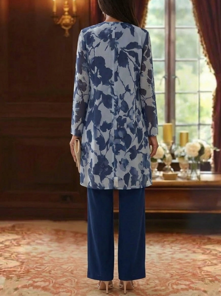 Robe Mère de la Mariée, 3 Pièces, Costume Pantalon, Col Rond, Mousseline, Manches Longues, Longueur de la Cheville