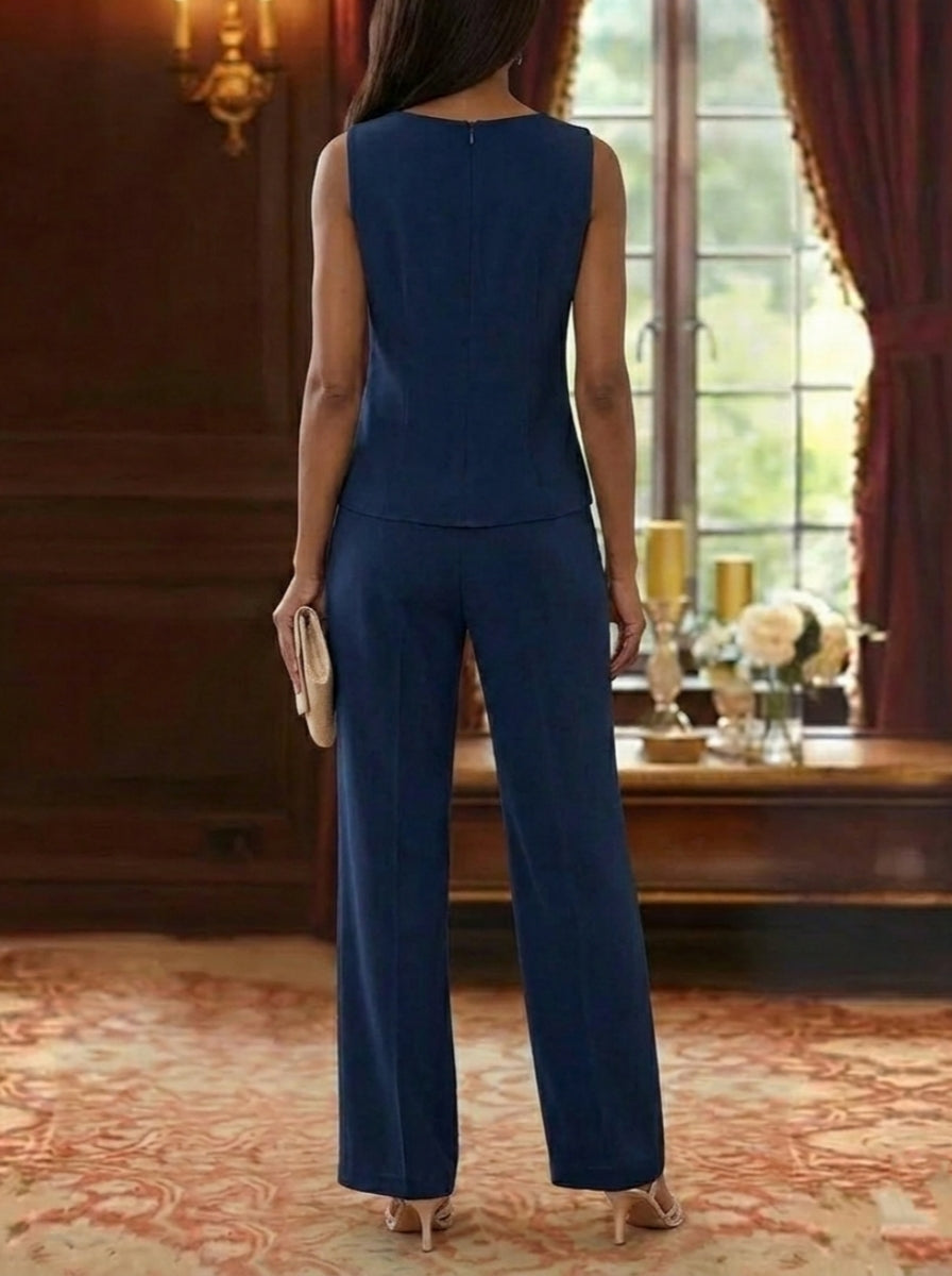 Robe Mère de la Mariée, 3 Pièces, Costume Pantalon, Col Rond, Mousseline, Manches Longues, Longueur de la Cheville