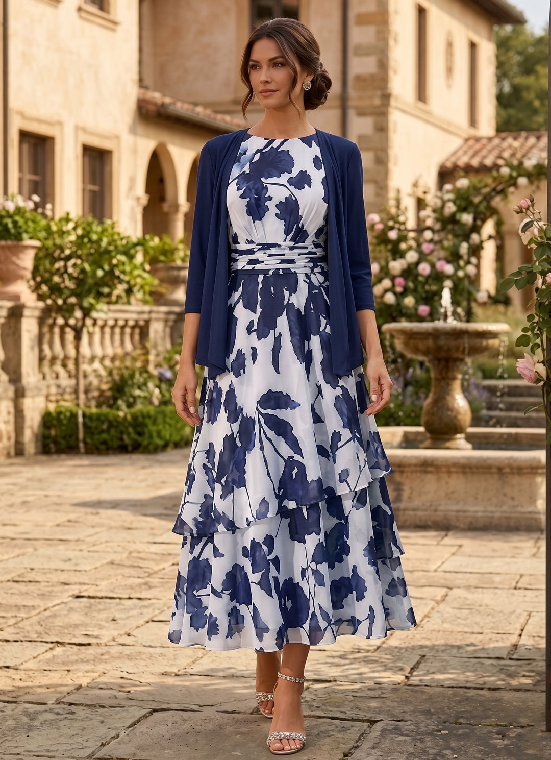 Robe Mère de la Mariée, 2 Pièces, Ligne A/Princesse, Col Rond, Mousseline, Manches 3/4, Longueur du Thé