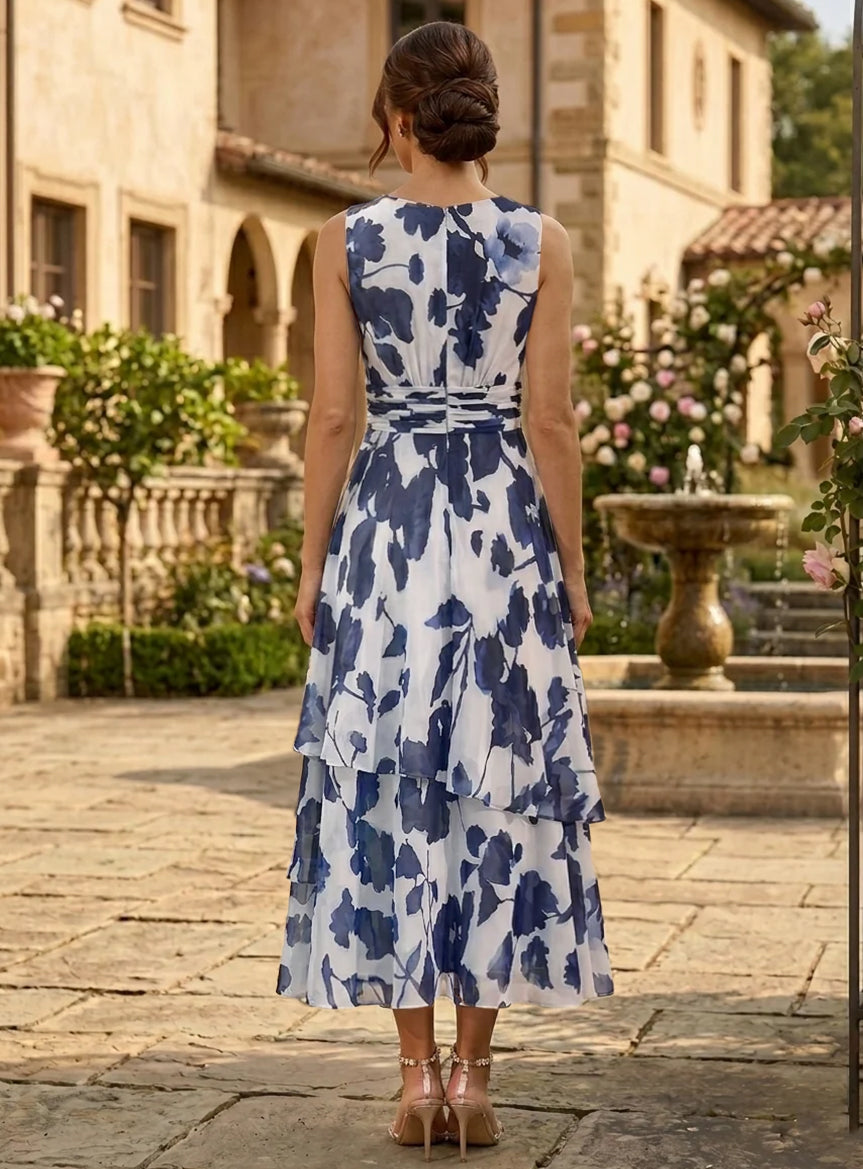 Robe Mère de la Mariée, 2 Pièces, Ligne A/Princesse, Col Rond, Mousseline, Manches 3/4, Longueur du Thé