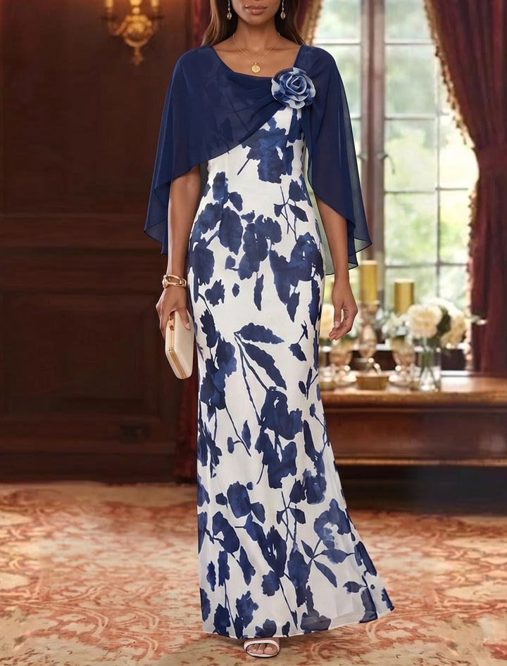 Robe Mère de la Mariée, Gaine/Colonne, Col Rond, Mousseline, Manches Cape, Longueur au Sol