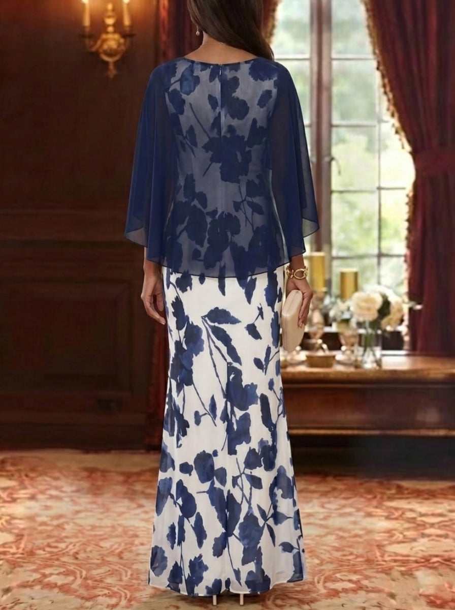 Robe Mère de la Mariée, Gaine/Colonne, Col Rond, Mousseline, Manches Cape, Longueur au Sol