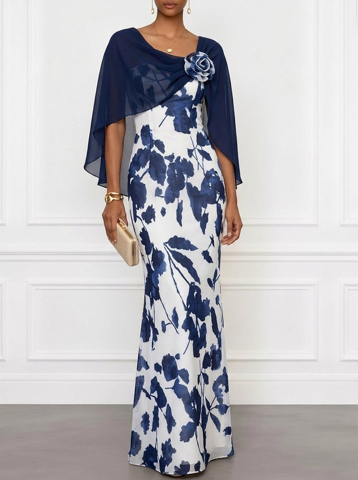 Robe Mère de la Mariée, Gaine/Colonne, Col Rond, Mousseline, Manches Cape, Longueur au Sol