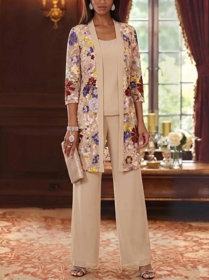 Robe Mère de la Mariée, 3 Pièces, Col Rond, Mousseline, 3/4 Manches, Longueur de la Cheville