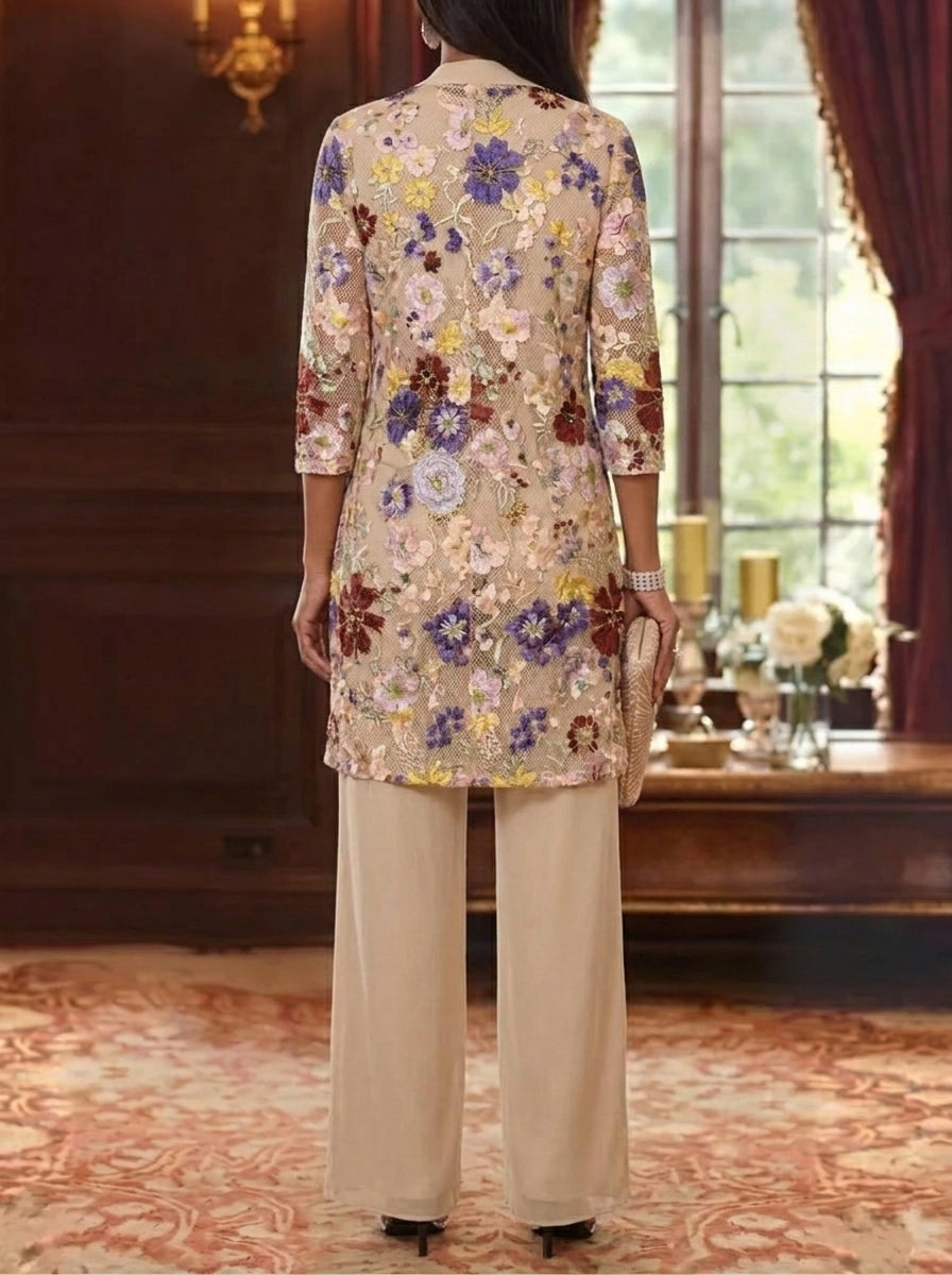 Robe Mère de la Mariée, 3 Pièces, Col Rond, Mousseline, 3/4 Manches, Longueur de la Cheville