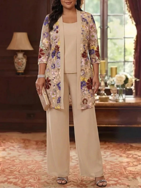 3 Pièces Tailleur Pantalon Mère de la Mariée Florale en Mousseline, Grande Taille, Col Rond, Manches 3/4, Longueur Cheville