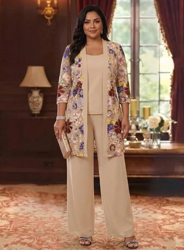 3 Pièces Tailleur Pantalon Mère de la Mariée Florale en Mousseline, Grande Taille, Col Rond, Manches 3/4, Longueur Cheville