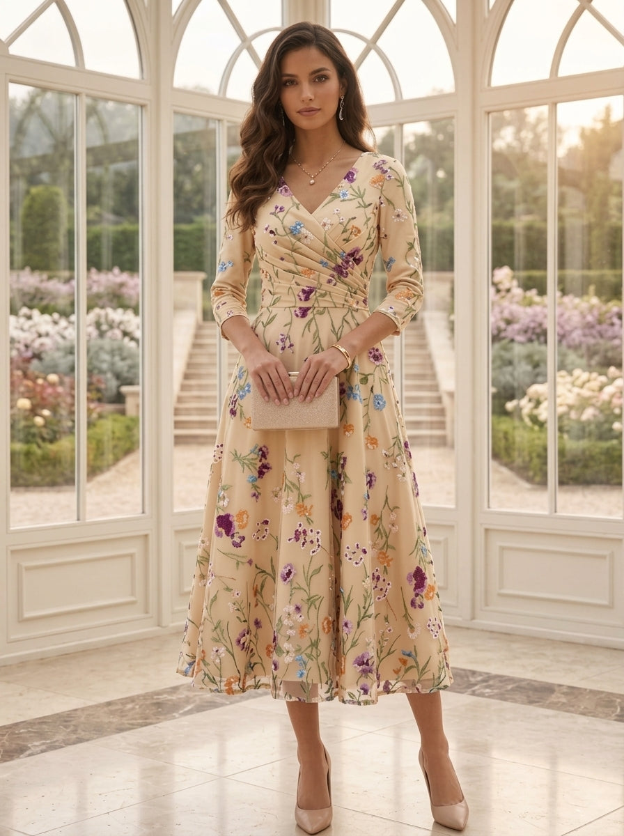 Robe Mère de la Mariée, Ligne A/Princesse, Col en V, Dentelle Florale, Manches 3/4, Longueur du Thé