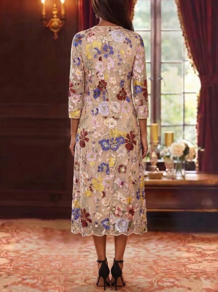 Robe Mère de la Mariée, Gaine/Colonne, Col Rond, Mousseline, 3/4 Manches, Longueur du Thé