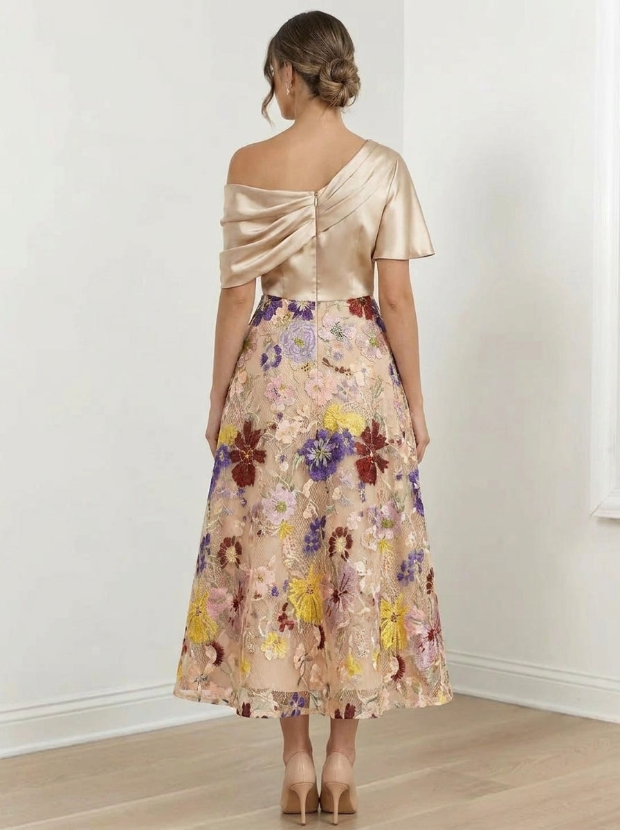Robe Mère de la Mariée, Ligne A/Princesse, Une Épaule Nue, Silk de Soie, Manches Courtes, Longueur du Thé
