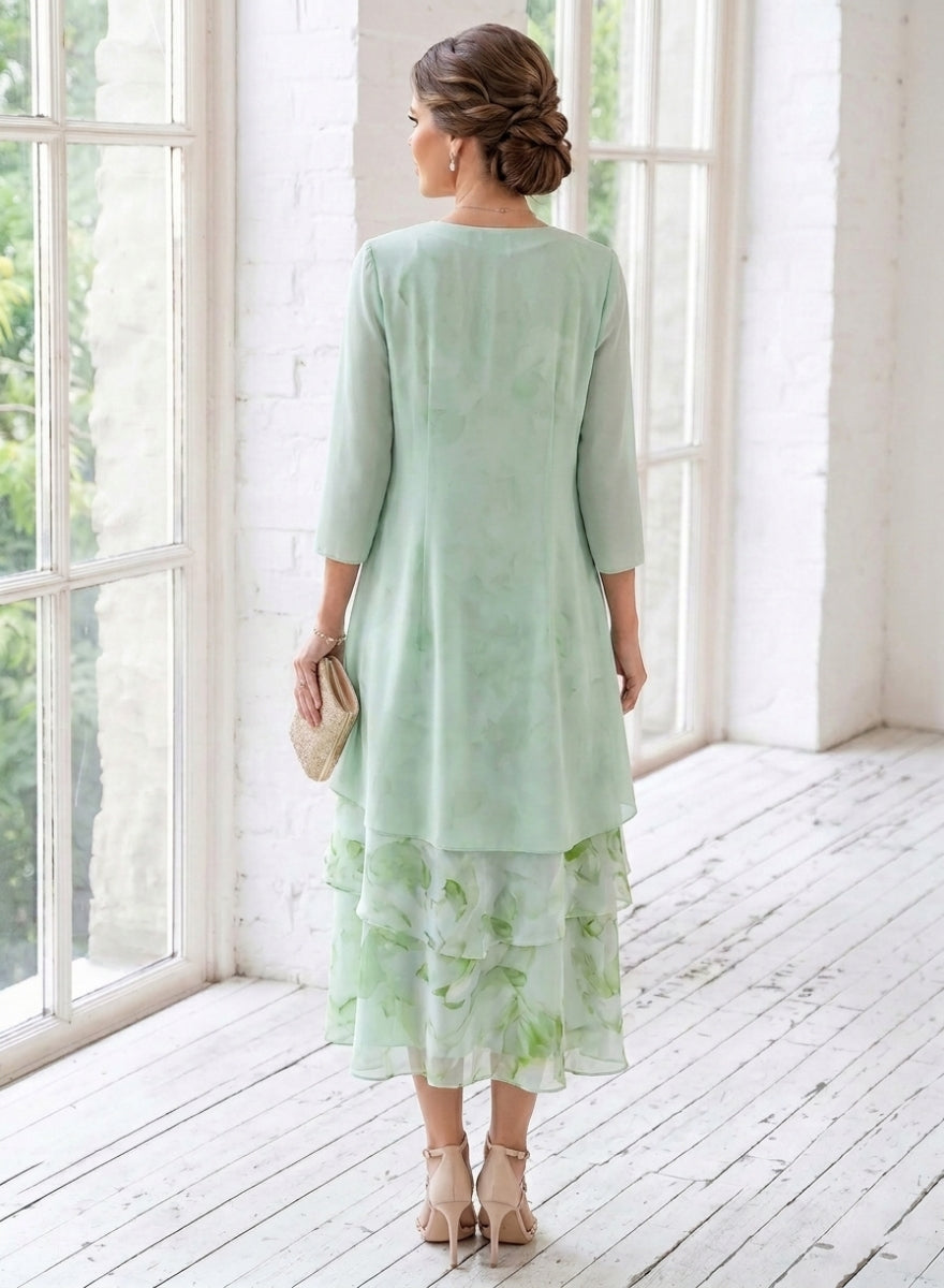 Robe Mère de la Mariée, Ligne A/Princesse, 2 Pièces, Col Rond, Mousseline, Manches 3/4, Longueur du Thé