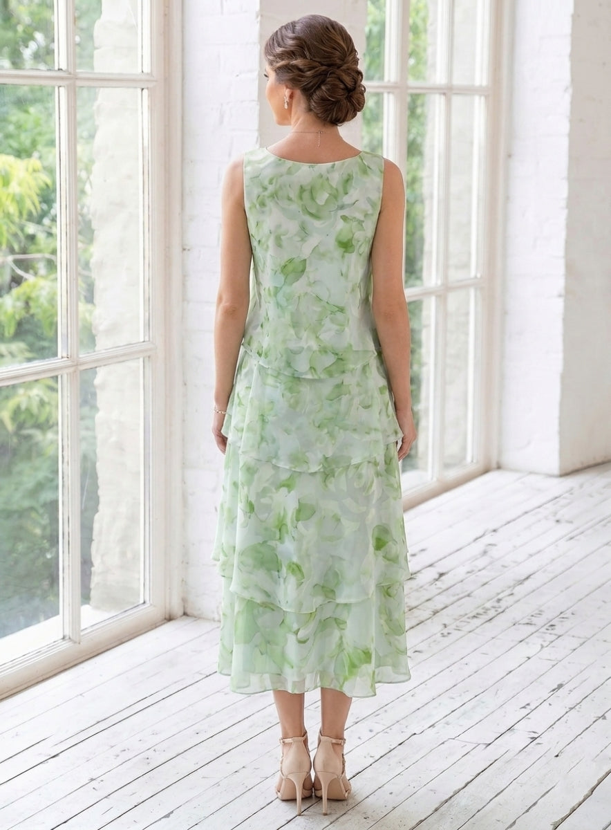 Robe Mère de la Mariée, Ligne A/Princesse, 2 Pièces, Col Rond, Mousseline, Manches 3/4, Longueur du Thé