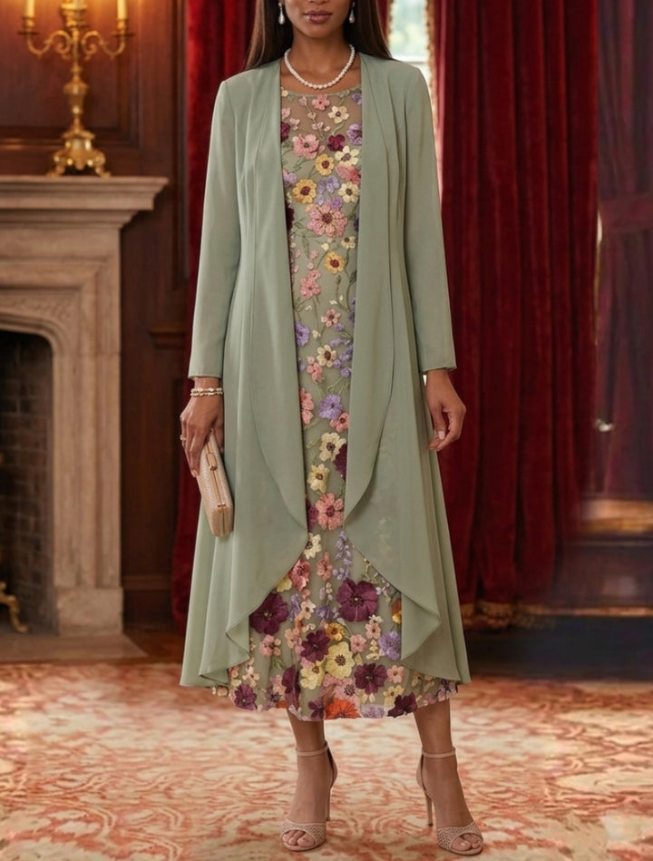 Robe Mère de la Mariée, 2 Pièces, Ligne A/Princesse, Col Rond, Mousseline, Manches Longues, Longueur du Thé