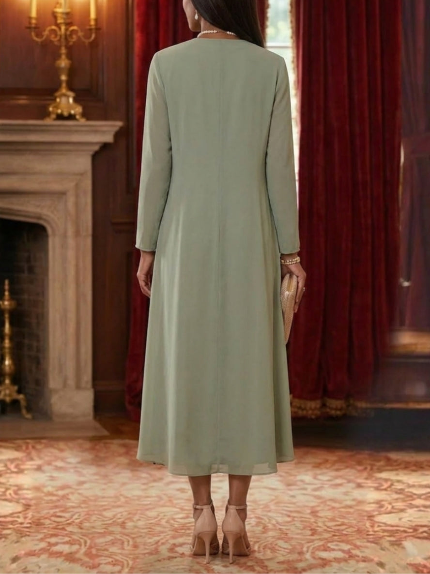 Robe Mère de la Mariée, 2 Pièces, Ligne A/Princesse, Col Rond, Mousseline, Manches Longues, Longueur du Thé