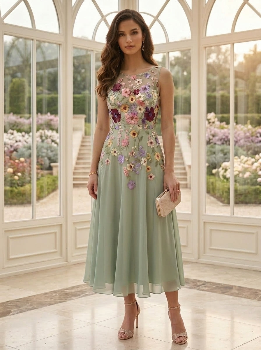 Robe Mère de la Mariée, 2 Pièces, Ligne A/Princesse, Col Rond, Mousseline, Manches 3/4, Longueur du Thé