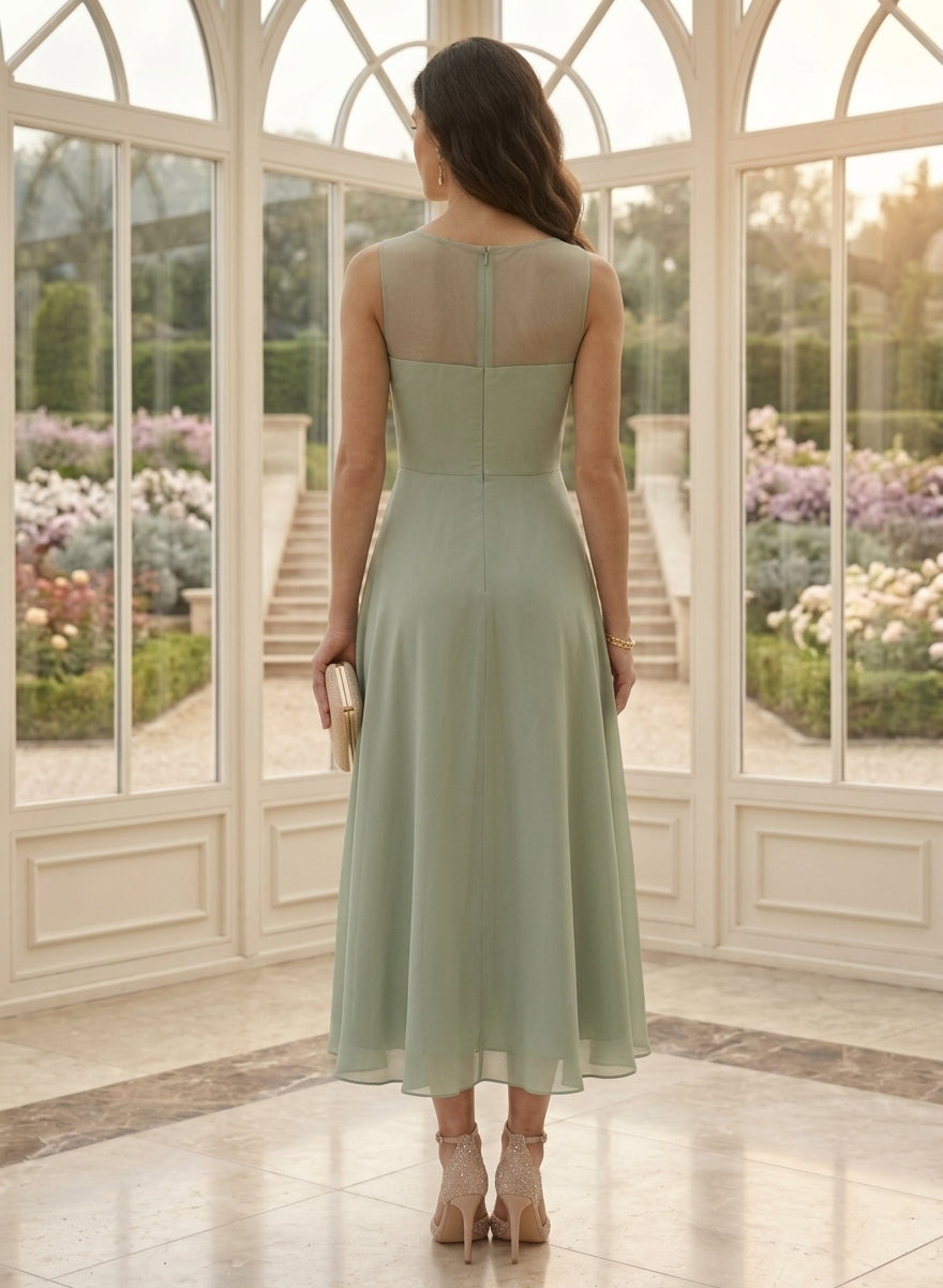 Robe Mère de la Mariée, 2 Pièces, Ligne A/Princesse, Col Rond, Mousseline, Manches 3/4, Longueur du Thé