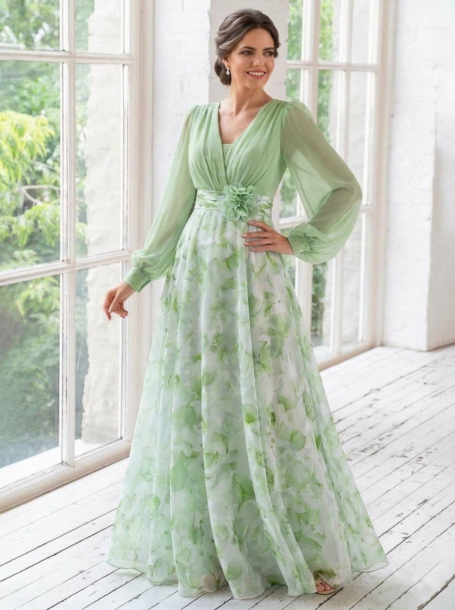 Robe Mère de la Mariée, Ligne A/Princesse, Col en V, Mousseline, Manches Longues, Longueur au Sol