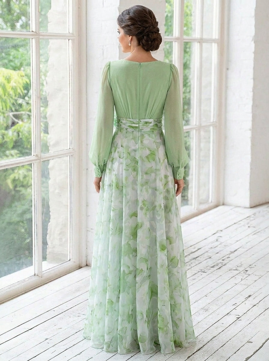 Robe Mère de la Mariée, Ligne A/Princesse, Col en V, Mousseline, Manches Longues, Longueur au Sol
