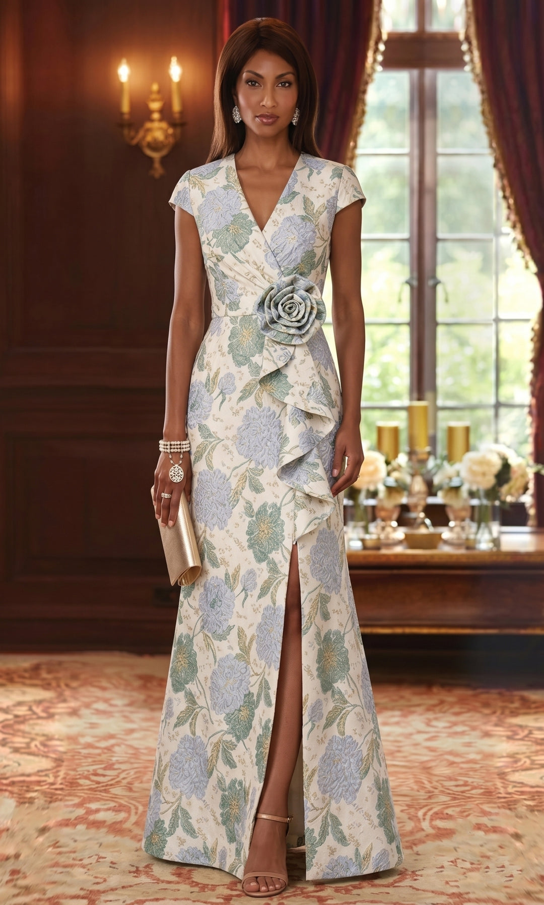 Robe Mère de la Mariée, Gaine/Colonne, Col en V, Jacquard, Manches Cape, Longueur au Sol