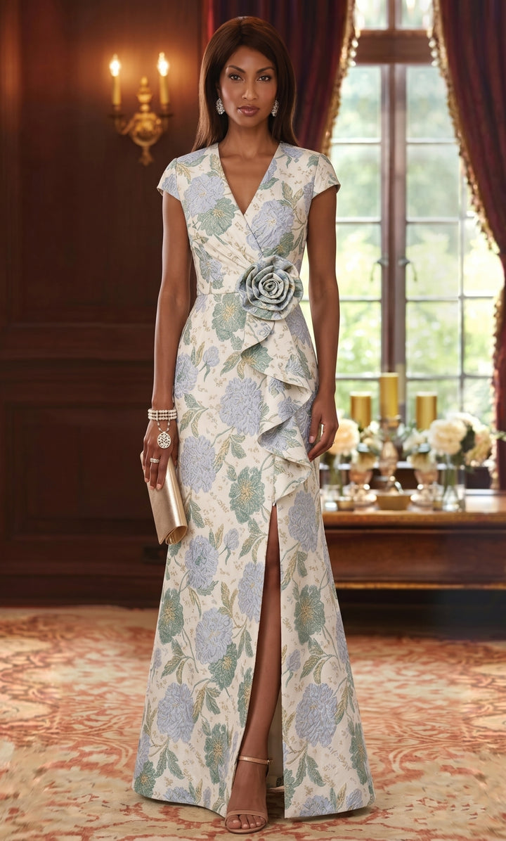 Robe Mère de la Mariée, Gaine/Colonne, Col en V, Jacquard, Manches Cape, Longueur au Sol