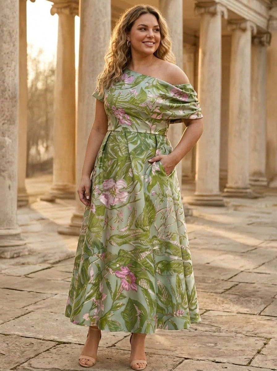 Robe mère de la mariée, Taille Plus, Ligne A/Princesse, Une Épaule Nue, Satin, Manches Courtes, Longueur de la Cheville