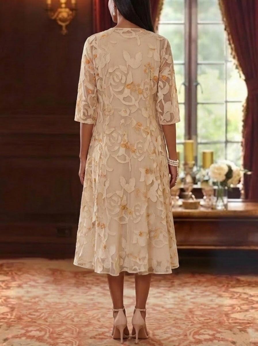Robe mère de la mariée, Ligne A/Princesse, 2 Pièces, Col Rond, Mousseline, Manches 3/4, Longueur du Thé, Volants