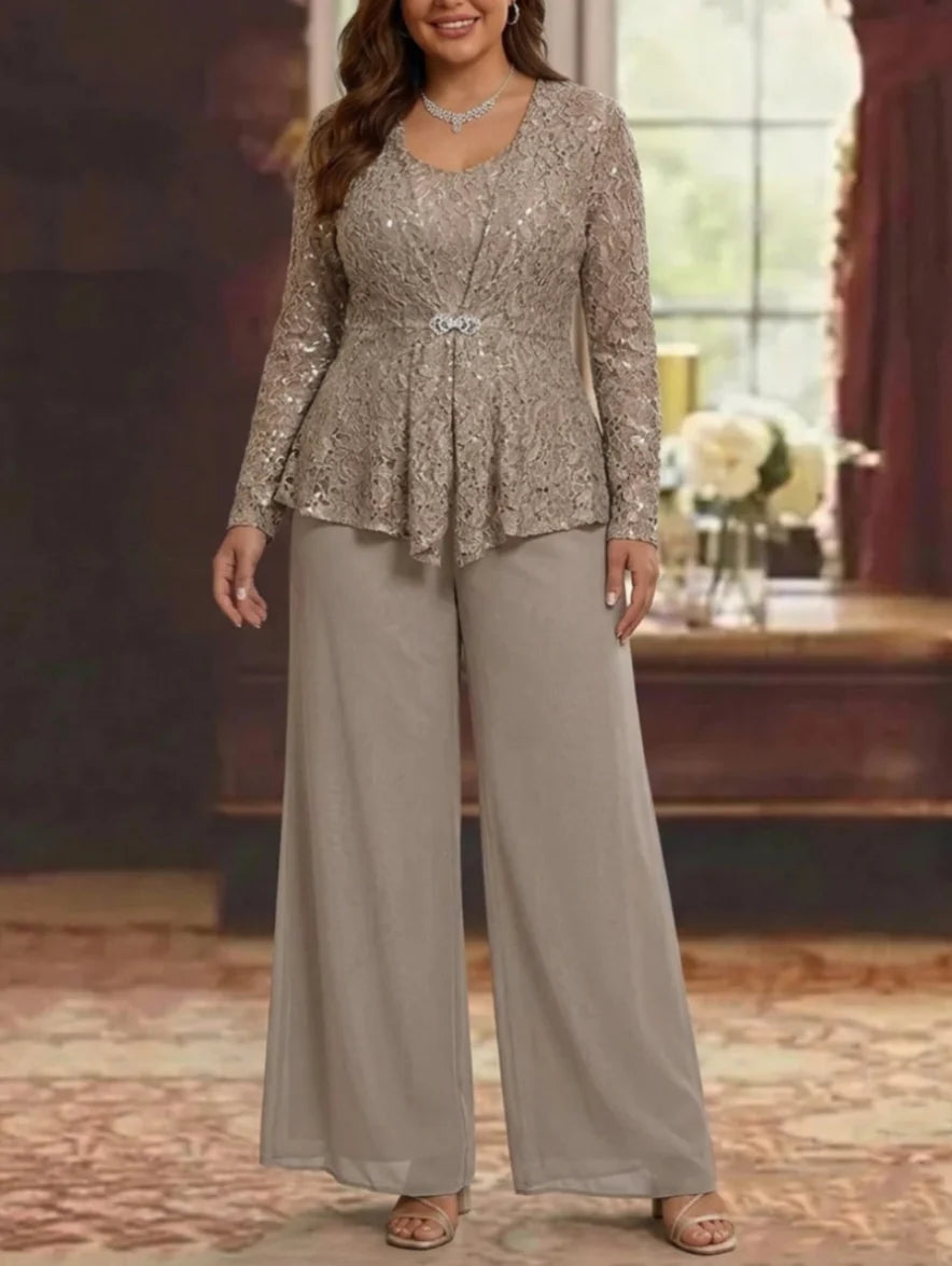 3 Pièces Tailleur Pantalon Mère de la Mariée en Mousseline, Grande Taille, Col Rond, Manches Longues, Longueur Cheville, avec Veste en Dentelle