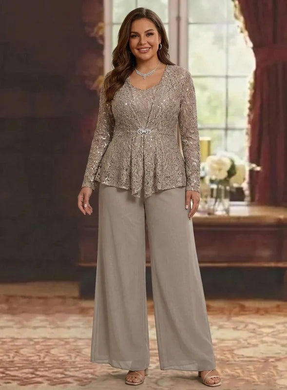 3 Pièces Tailleur Pantalon Mère de la Mariée en Mousseline, Grande Taille, Col Rond, Manches Longues, Longueur Cheville, avec Veste en Dentelle