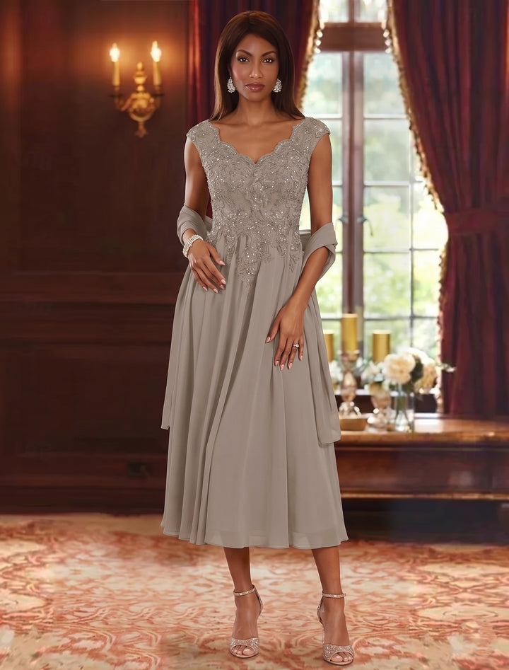 Robe mère de la mariée, Ligne A/Princesse, 2 Pièces, Col en V, Mousseline, Sans Manches, Longueur du Thé, Dentelle, Florale