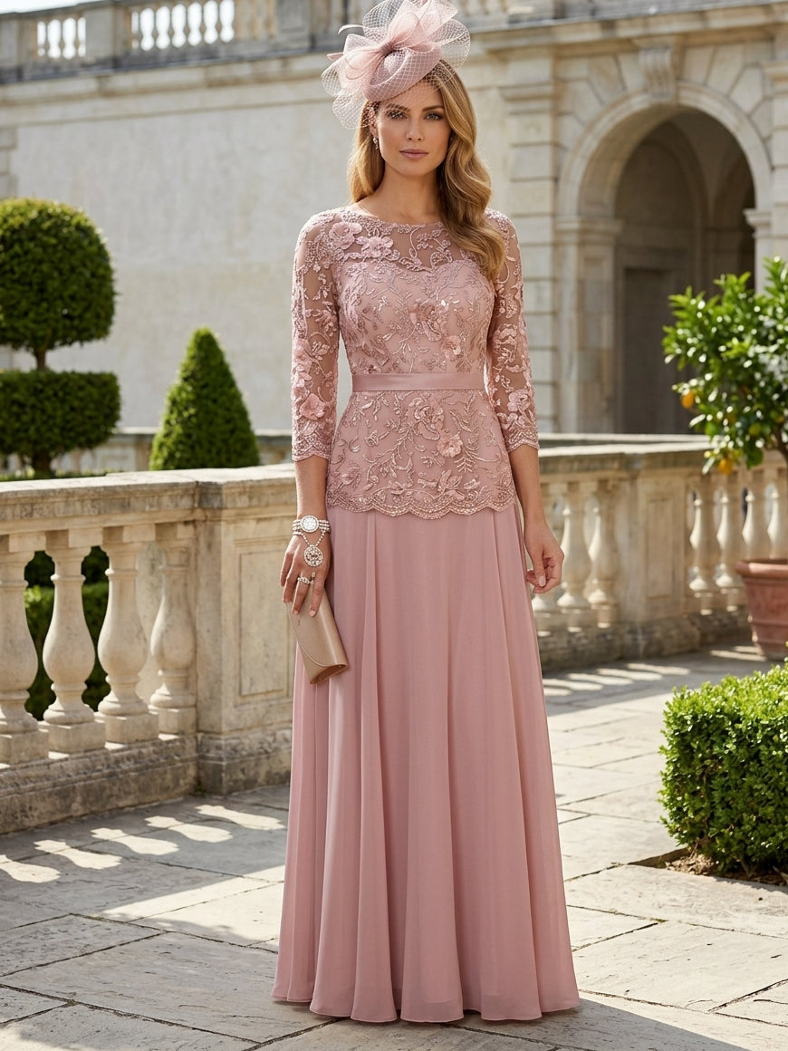 Robe mère de la mariée, Ligne A/Princesse, Col Rond, Mousseline, Manches 3/4, Longueur au Sol, Florale