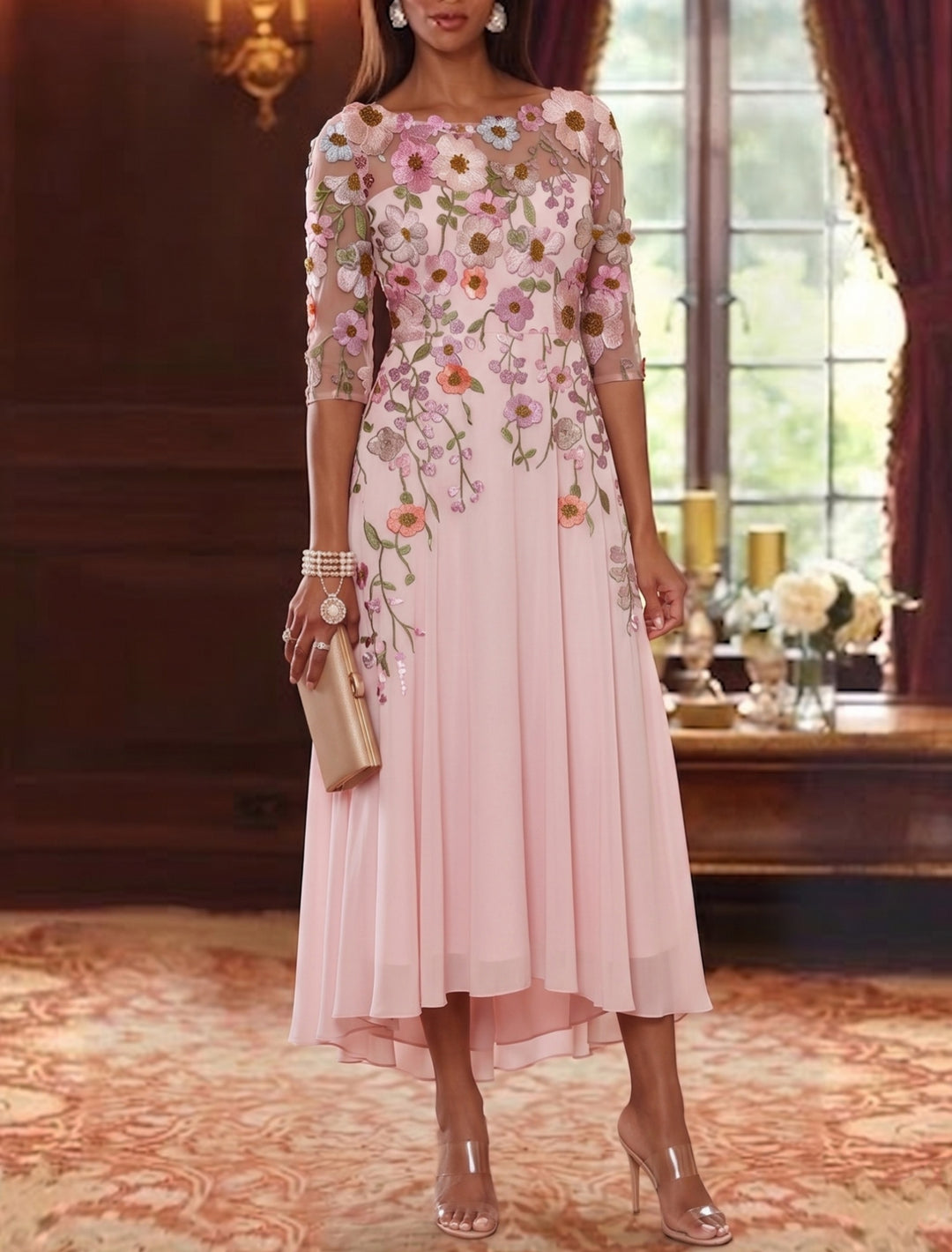 Robe mère de la mariée, Ligne A/Princesse, Col Rond, Mousseline, Manches 3/4, Longueur du Thé, Florale