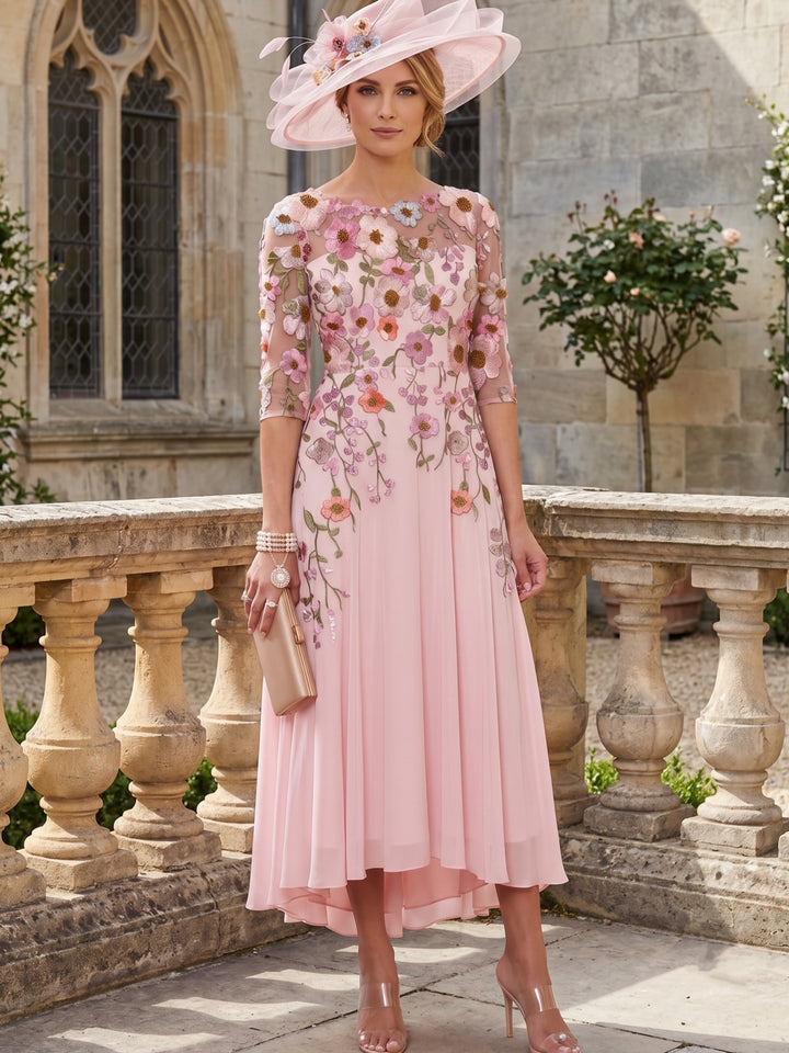Robe mère de la mariée, Ligne A/Princesse, Col Rond, Mousseline, Manches 3/4, Longueur du Thé, Florale