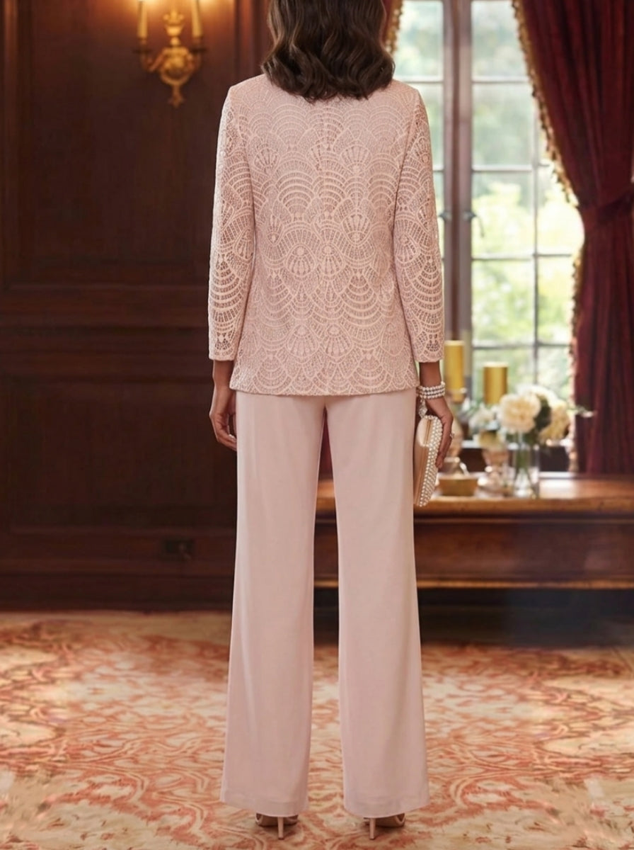 Robe mère de la mariée, 3 Pièces, Costume-Pantalon, Col Rond, Mousseline, Manches Longues, Longueur de la Cheville, Dentelle