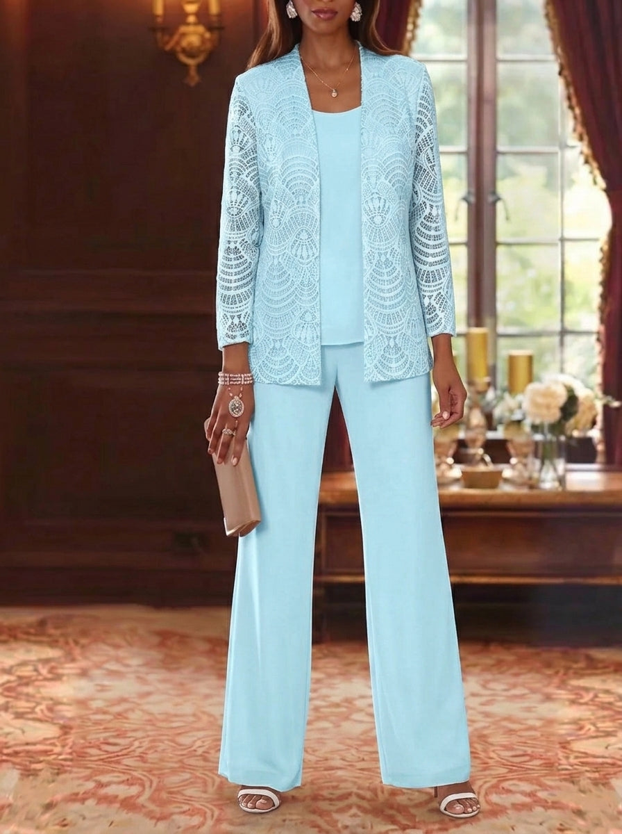 Robe mère de la mariée, 3 Pièces, Costume-Pantalon, Col Rond, Mousseline, Manches Longues, Longueur de la Cheville, Dentelle