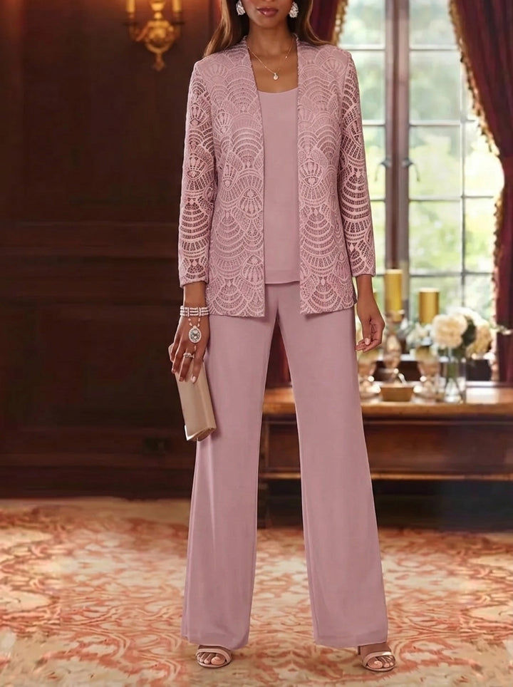 Robe mère de la mariée, 3 Pièces, Costume-Pantalon, Col Rond, Mousseline, Manches Longues, Longueur de la Cheville, Dentelle