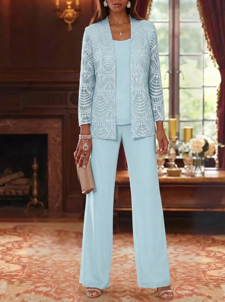 Robe mère de la mariée, 3 Pièces, Costume-Pantalon, Col Rond, Mousseline, Manches Longues, Longueur de la Cheville, Dentelle
