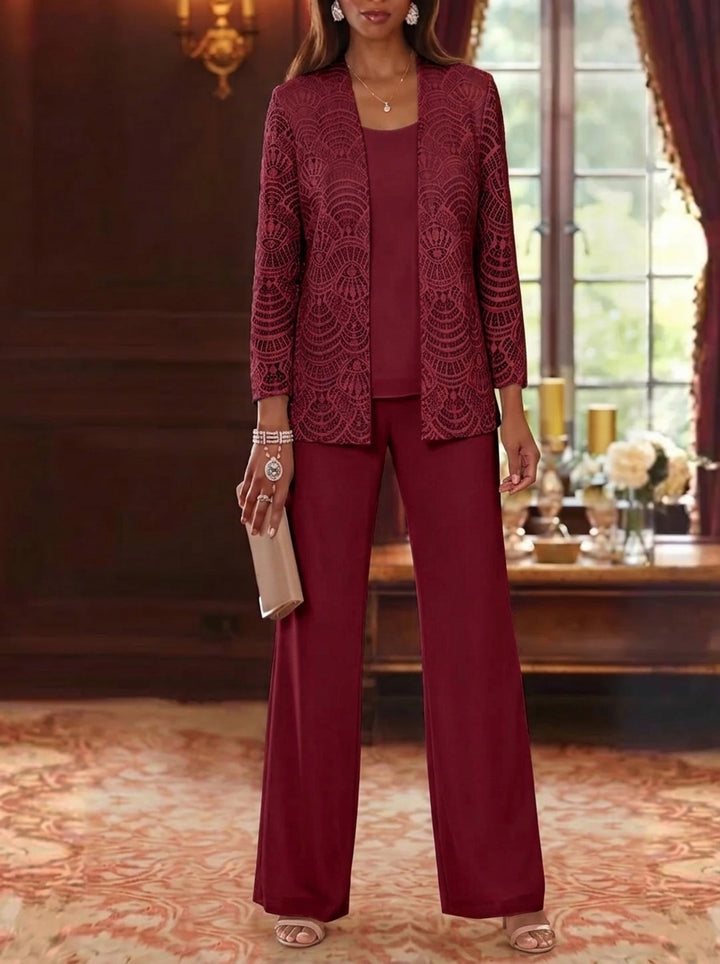 Robe mère de la mariée, 3 Pièces, Costume-Pantalon, Col Rond, Mousseline, Manches Longues, Longueur de la Cheville, Dentelle