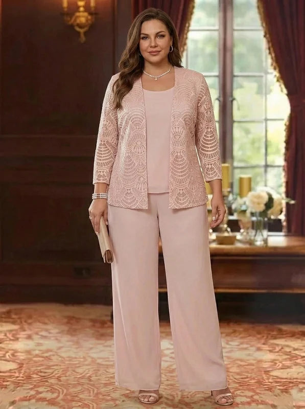 3 Pièces Tailleur Pantalon Mère de la Mariée en Mousseline, Grande Taille, Col Rond, Manches Longues, Longueur Cheville, avec Veste en Dentelle