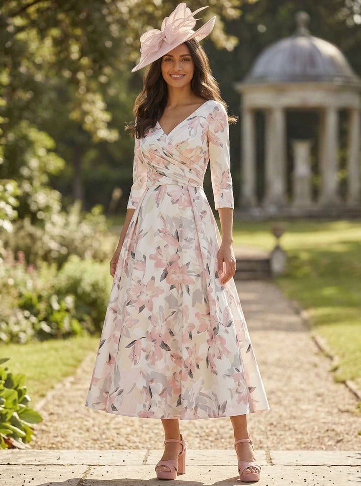 Robe mère de la mariée, Ligne A/Princesse, Col en V, Satin, Manches 3/4, Longueur du Thé, Florale
