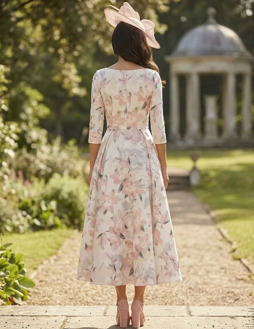 Robe mère de la mariée, Ligne A/Princesse, Col en V, Satin, Manches 3/4, Longueur du Thé, Florale
