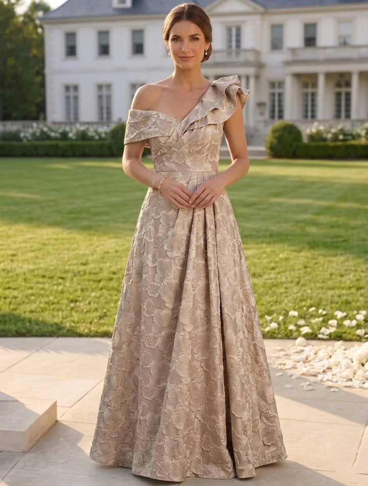 Robe mère de la mariée, Ligne A/Princesse, Une épaule nue, Jacquard, Sans Manches, Longueur au Sol, Volants, Florale