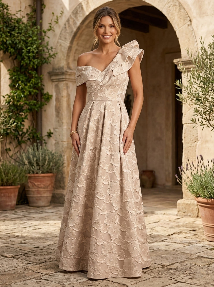 Robe mère de la mariée, Ligne A/Princesse, Une épaule nue, Jacquard, Sans Manches, Longueur au Sol, Volants, Florale
