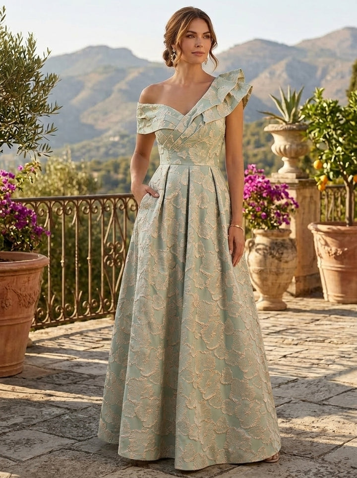 Robe mère de la mariée, Ligne A/Princesse, Une épaule nue, Jacquard, Sans Manches, Longueur au Sol, Volants, Florale