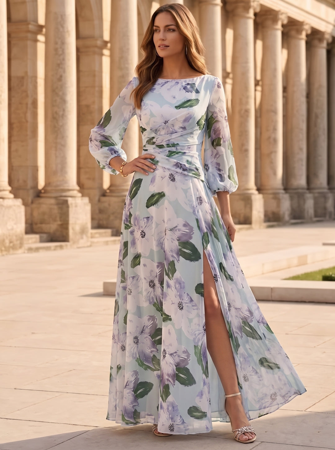 Robe mère de la mariée, Ligne A/Princesse, Manches 3/4, Longueur de la Cheville, Mousseline, Col Rond, Florale