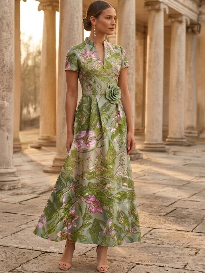Robe mère de la mariée, Ligne A/Princesse, Manches Courtes, Longueur de la Cheville, Satin, Col en V, Florale, 3D Fleurs