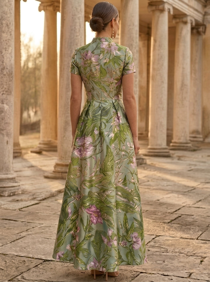 Robe mère de la mariée, Ligne A/Princesse, Manches Courtes, Longueur de la Cheville, Satin, Col en V, Florale, 3D Fleurs