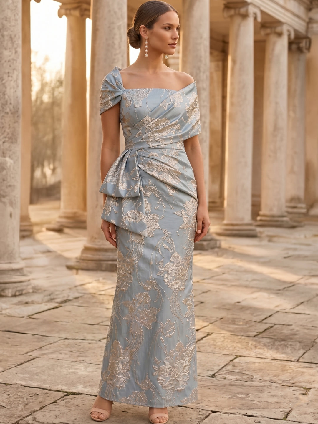 Robe mère de la mariée, Gaine/Colonne, Col Carré, Jacquard, Manches Courtes, Longueur de la Cheville, Florale, Froncée