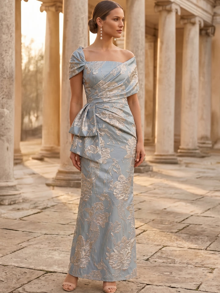 Robe mère de la mariée, Gaine/Colonne, Col Carré, Jacquard, Manches Courtes, Longueur de la Cheville, Florale, Froncée