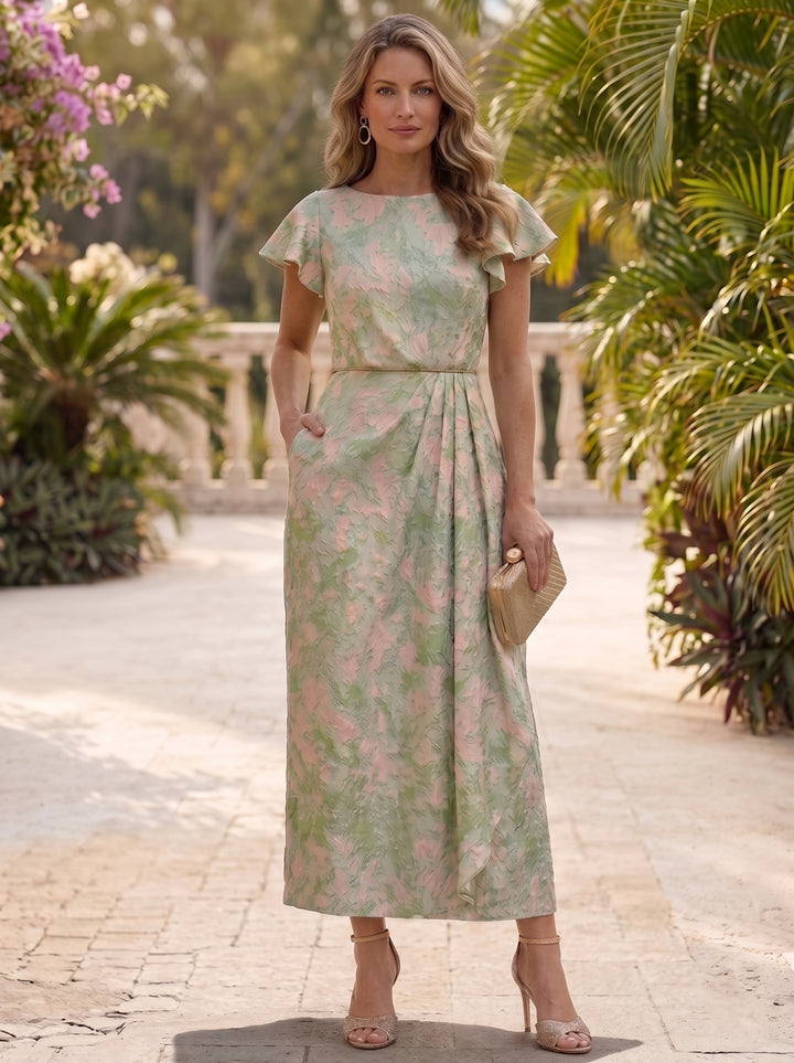 Robe mère de la mariée, Gaine/Colonne, Col Rond, Jacquard, Manches Bouffantes, Longueur de la Cheville, Volants